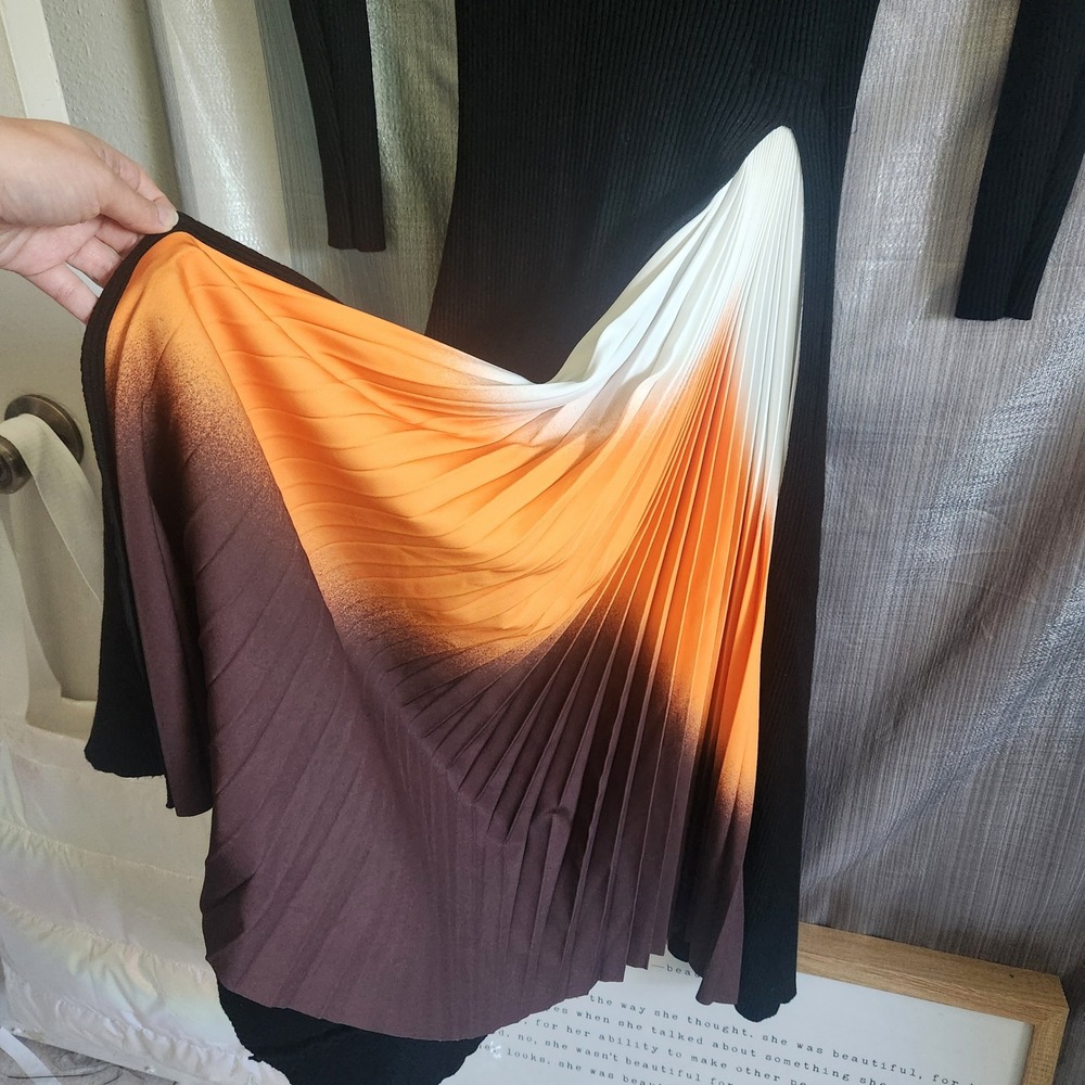 Black Ribbed Reese Knit Midi Dress Pleated Orange Gradient Inset Long Sleeve
